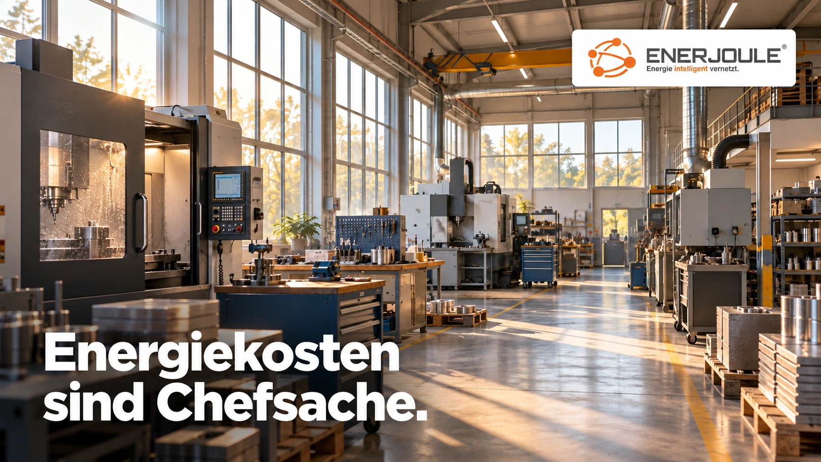Fiktive Produktionshalle mit EnerJoule-Logo und der Bildüberschrift „Energiekosten sind Chefsache.“