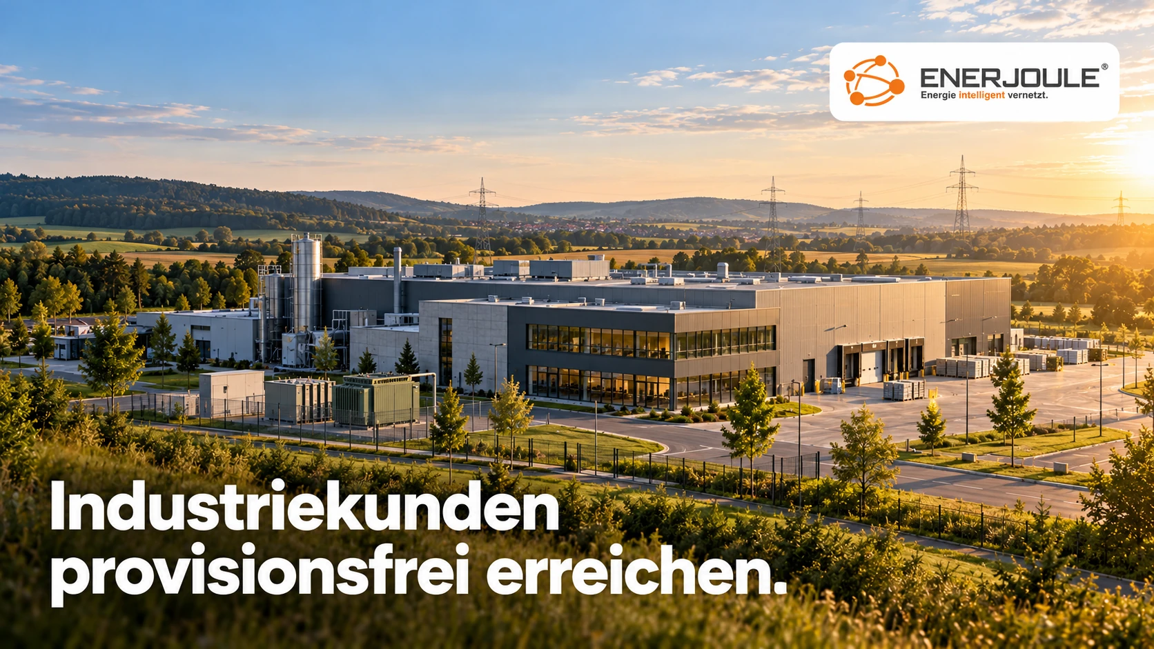 Fiktiver Industriestandort mit EnerJoule-Logo und der Bildüberschrift „Industriekunden provisionsfrei erreichen.“