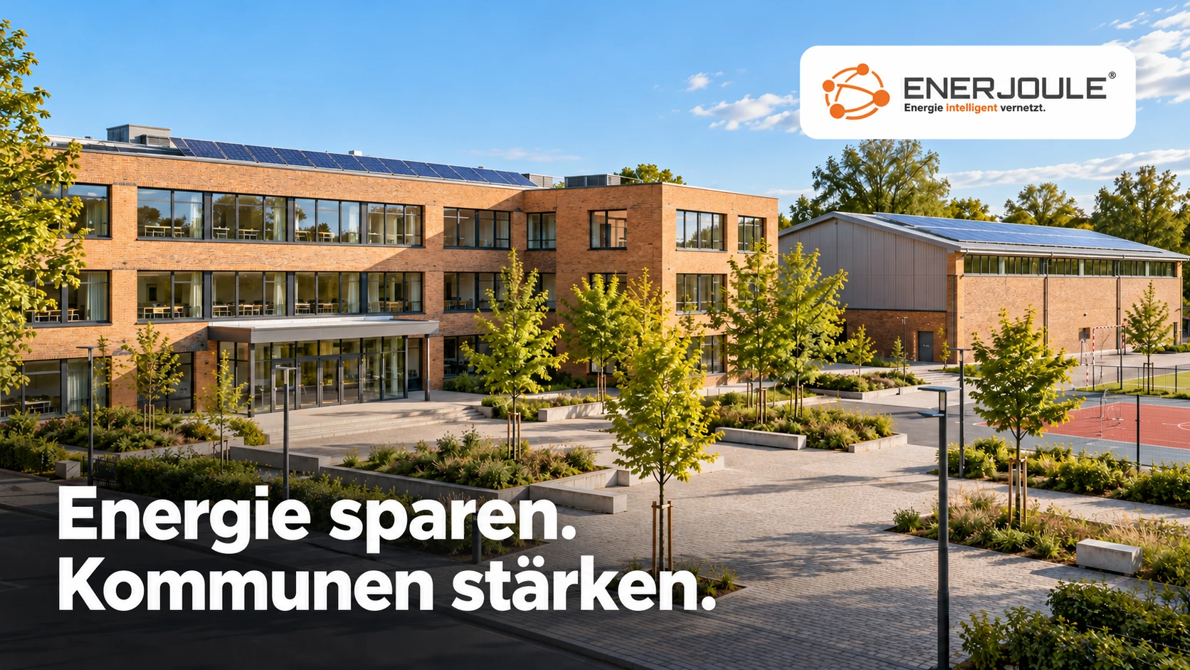 Fiktive Schule mit Sporthalle, EnerJoule-Logo und der Bildüberschrift „Energie sparen. Kommunen stärken.“