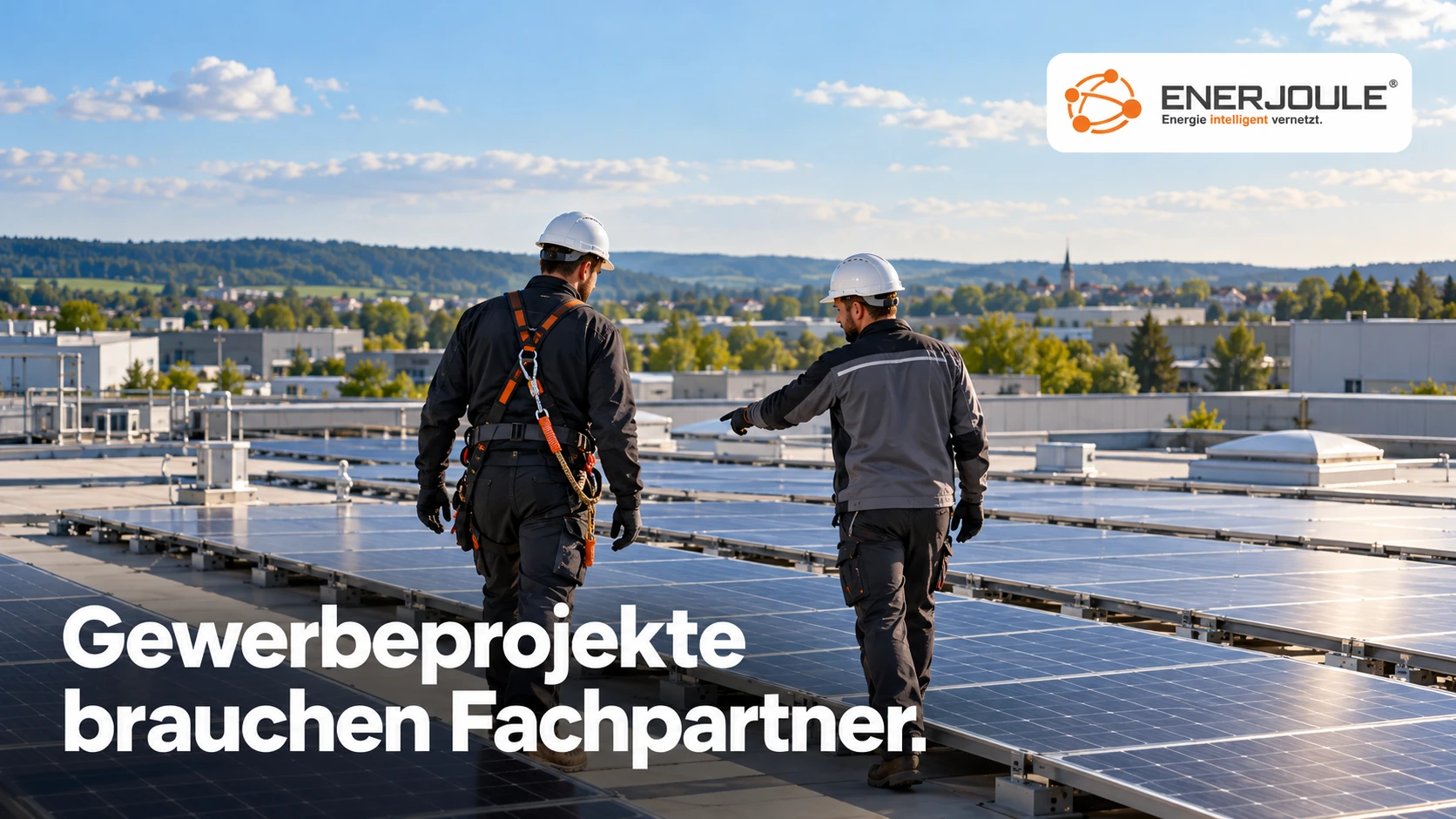 Fiktives Photovoltaikprojekt auf einem Gewerbedach mit EnerJoule-Logo und der Bildüberschrift „Gewerbeprojekte brauchen Fachpartner.“