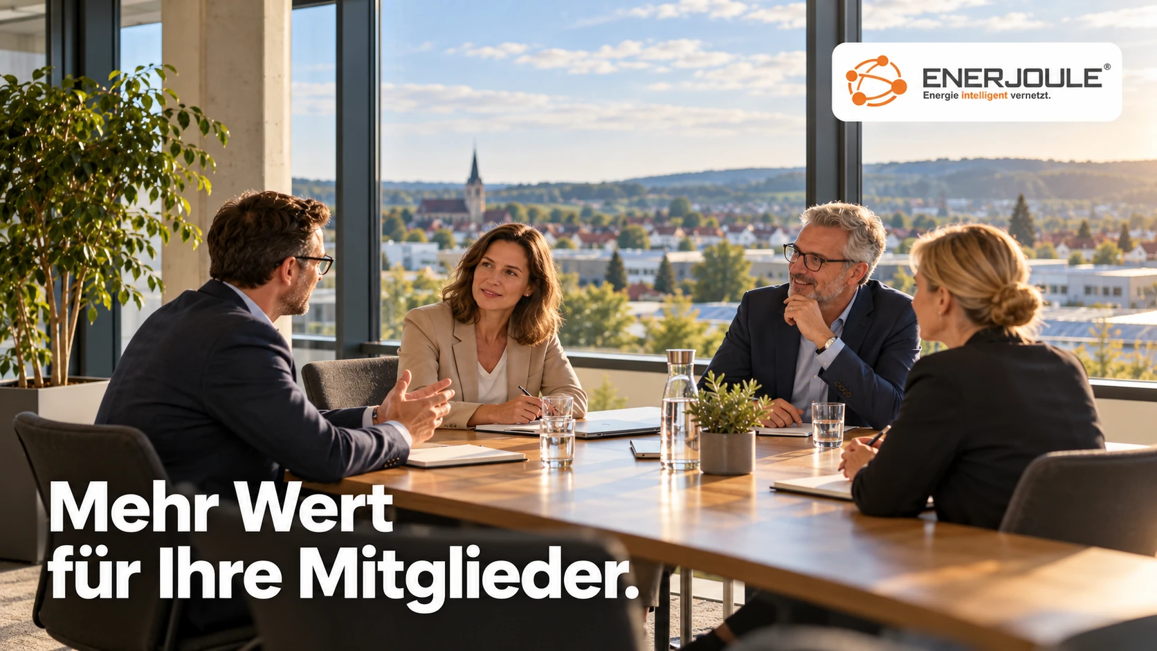 Fiktive Gesprächsrunde eines Unternehmensnetzwerks mit EnerJoule-Logo und der Bildüberschrift „Mehr Wert für Ihre Mitglieder.“