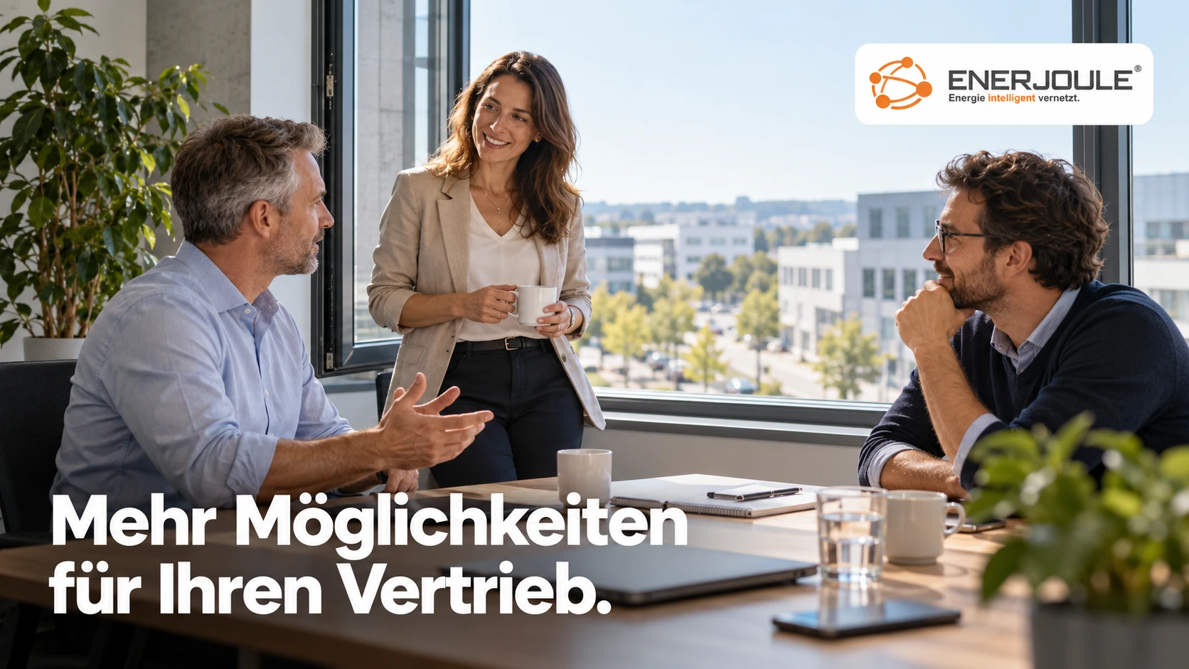 Fiktive Besprechung einer Vertriebsagentur mit EnerJoule-Logo und der Bildüberschrift „Mehr Möglichkeiten für Ihren Vertrieb.“